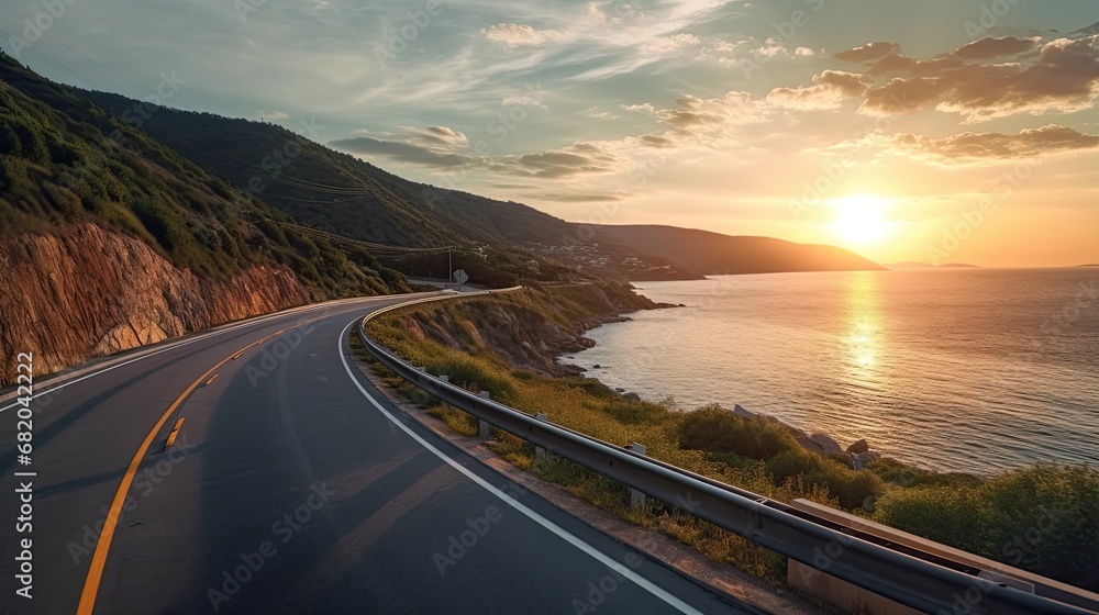 Highway road and coastline nature landscape at sunrise
