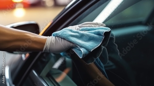 Man cleaning car interior with rag, closeup