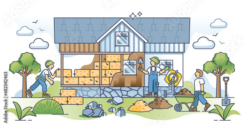 Natural building techniques to build sustainable house outline concept. Construction site with green and nature friendly materials for insulation and facade vector illustration. Ecological home wall.