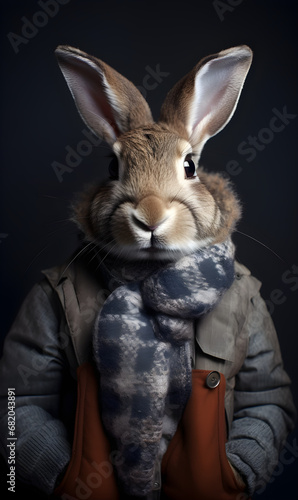 studio portrait of rabbit dressed in winter clothes. Fashion portrait of an anthropomorphic animal, posing with a charismatic human attitude © sam