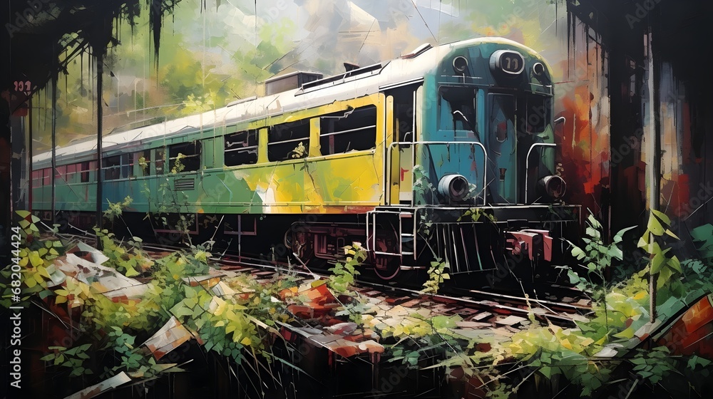 Obraz premium Acrylic art of abandoned old train in station overtaken by moss and plant.