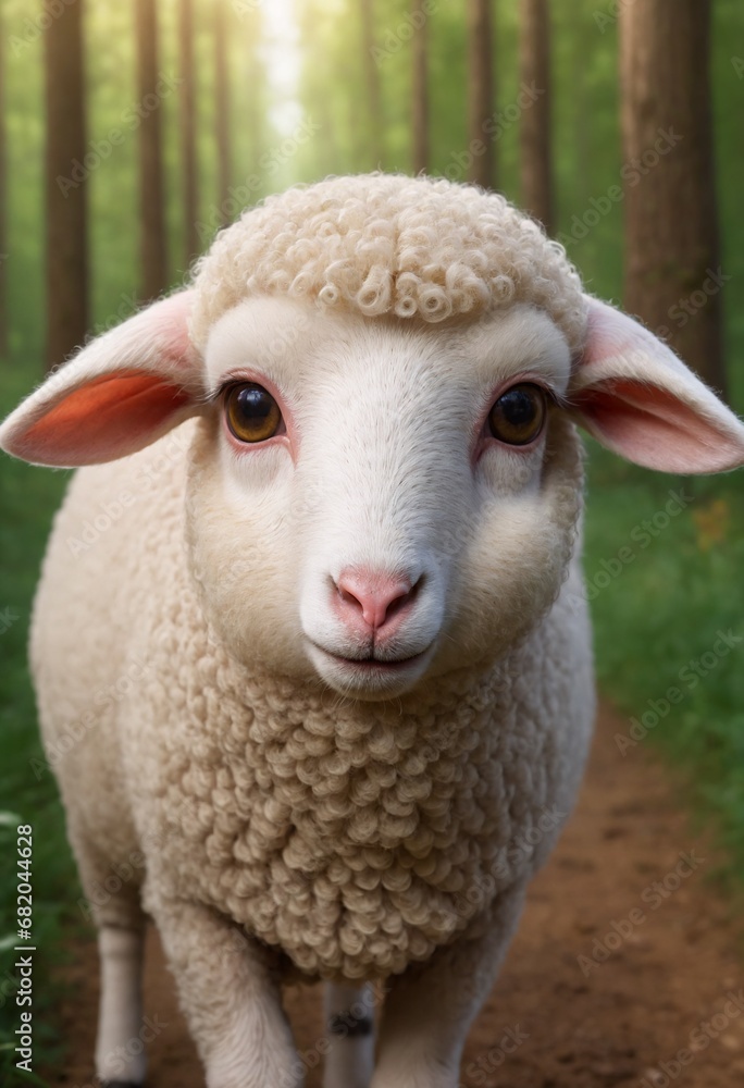 Cute lamb, sheep standing in a forest with sunlight filtering through trees, looking at the camera with a curious expression, CGI, hyperrealism, realistic 3D