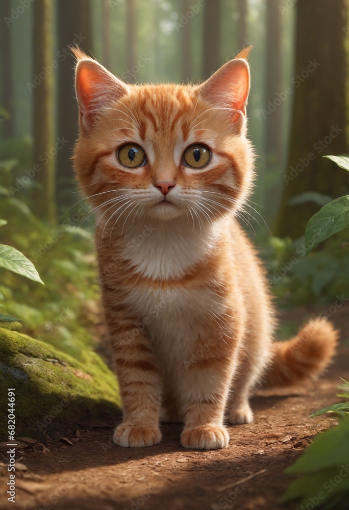 Adorable orange tabby kitten standing on a forest path with sunlight filtering through trees, looking curious and attentive.
