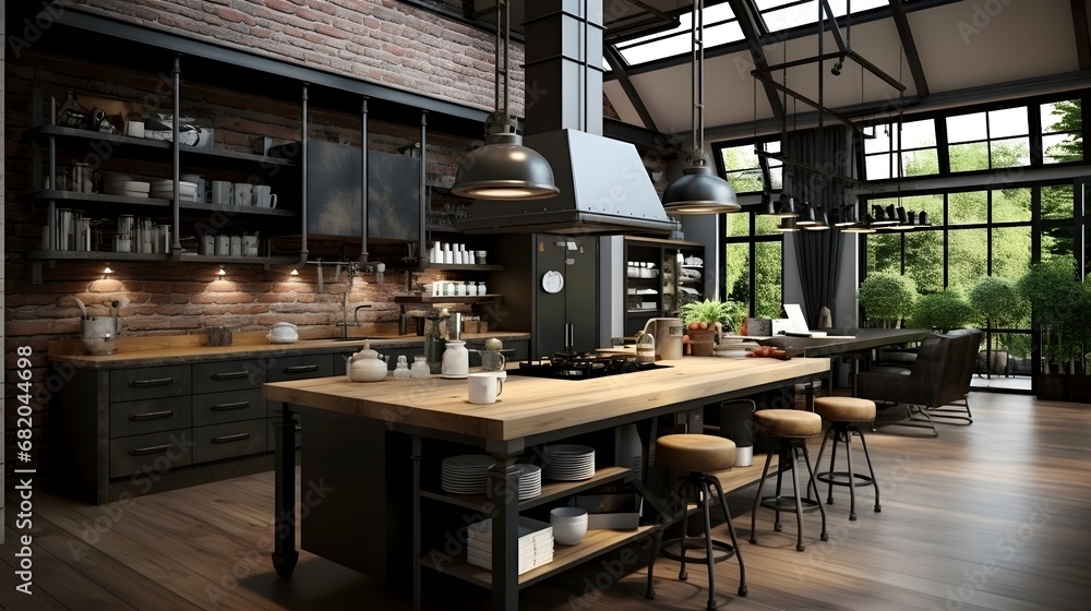 Modern and Traditional Kitchen Interior with open plan matte black dining area Modern and Traditional Kitchen Interior with open plan matte black dining area