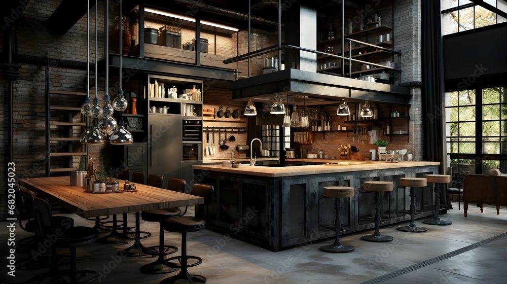 Modern and Traditional Kitchen Interior with open plan matte black dining area 