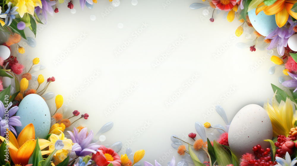 Easter eggs with blossom flower and sunny day on wooden table with spring meadow background