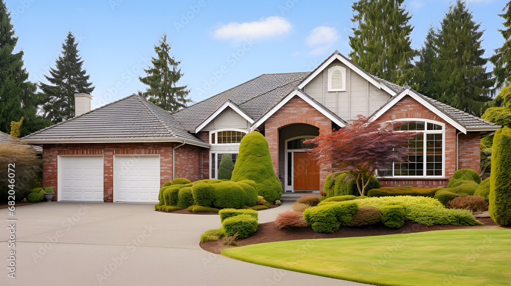 Luxury home exterior with brick and siding, double garage and large windows on the facade. Well-kept garden around Luxury home exterior with brick and siding, double garage and large windows on the facade. Well-kept garden around