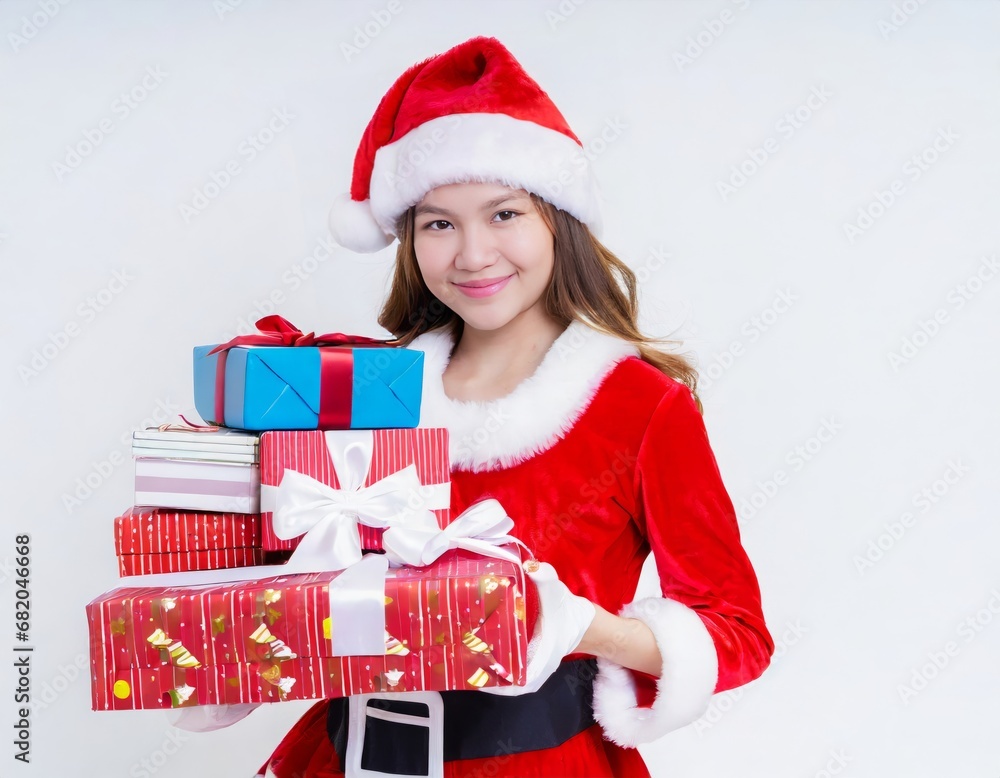Girl wearing a Santa Claus outfit holding several gift boxes Girl wearing a Santa Claus outfit holding several gift boxes