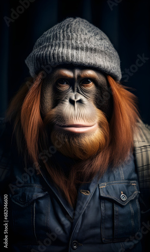 studio portrait of orangutan dressed in winter clothes. Fashion portrait of an anthropomorphic animal, posing with a charismatic human attitude