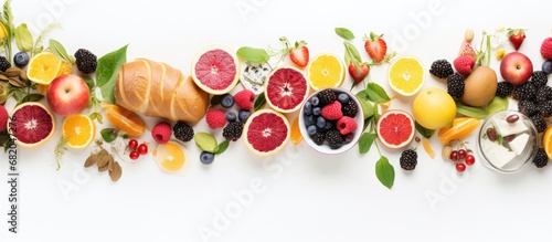 In the midst of a vibrant summer, a hand delicately arranges an appetizing breakfast spread isolated against a pristine white background, showcasing the contrasting textures of luscious fruits © 2rogan