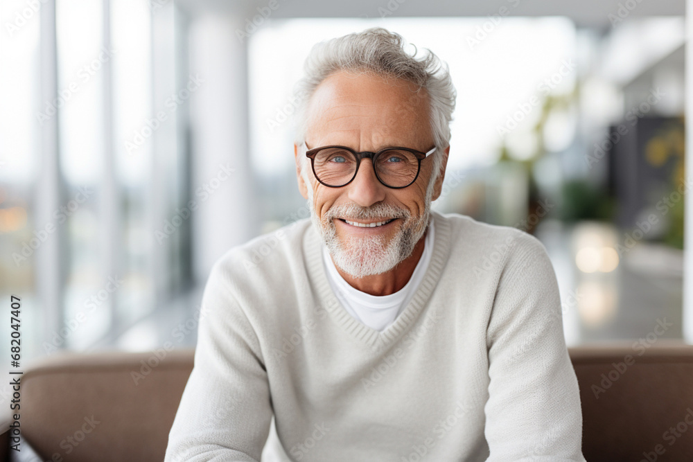The portrait of an old man in a knitted sweater and black glasses smiling and looking at a camera on a blurry room background. Generative AI. The portrait of an old man in a knitted sweater and black glasses smiling and looking at a camera on a blurry room background. Generative AI.