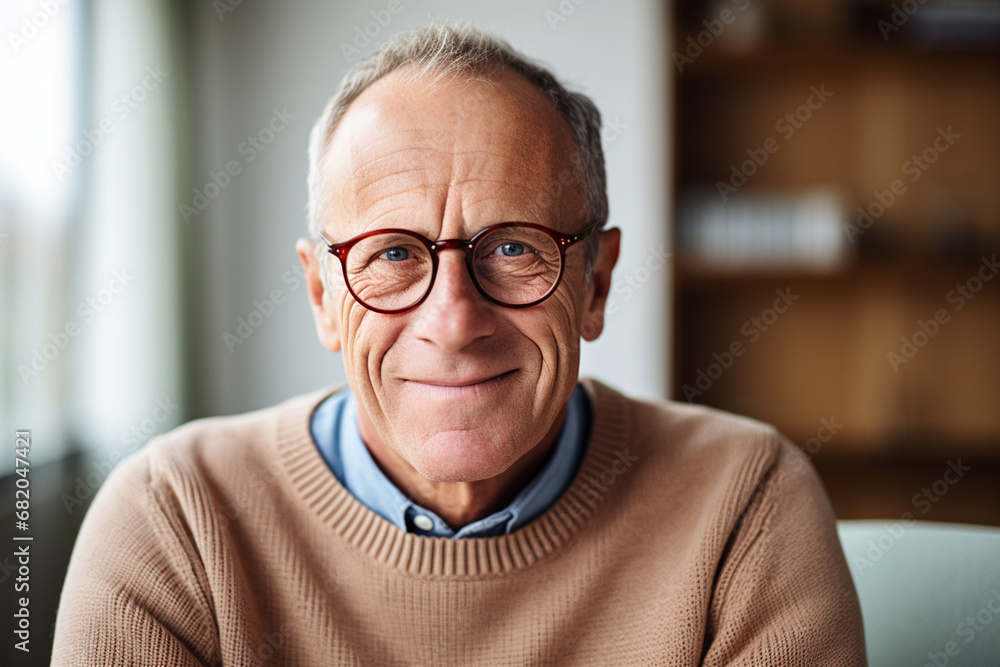 The portrait of an old man in a knitted sweater and black glasses smiling and looking at a camera on a blurry room background. Generative AI. The portrait of an old man in a knitted sweater and black glasses smiling and looking at a camera on a blurry room background. Generative AI.