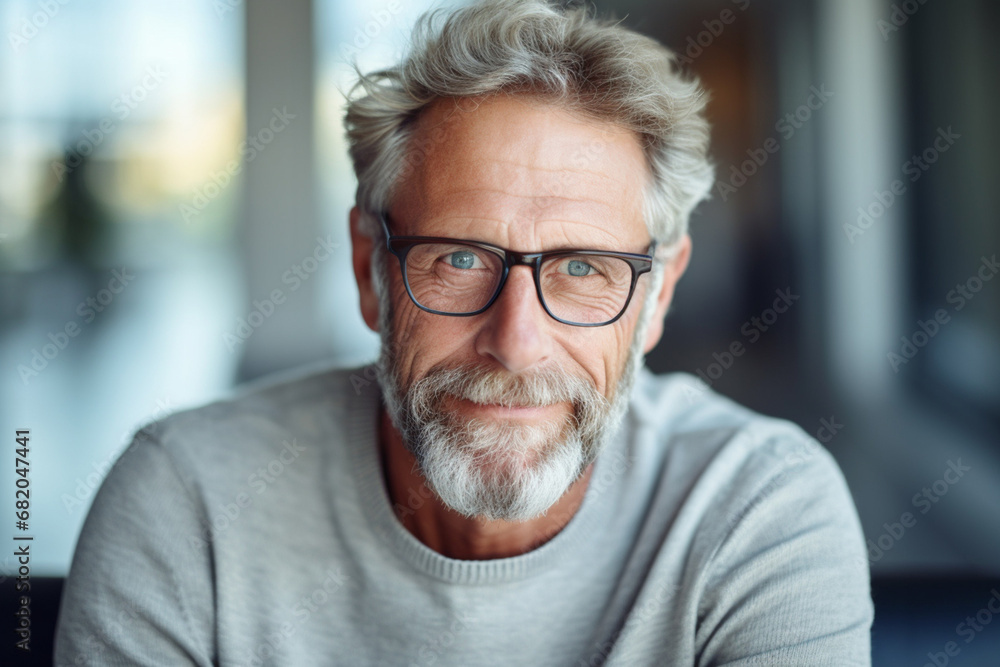 The portrait of an old man in a knitted sweater and black glasses smiling and looking at a camera on a blurry room background. Generative AI. - obrazy, fototapety, plakaty 