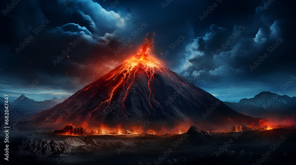 Night landscape with volcano and burning lava. Volcano eruption, fantasy landscape