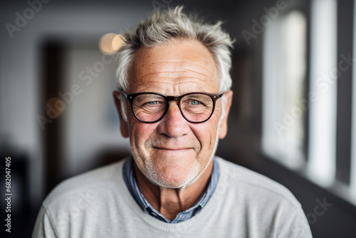 The portrait of an old man in a knitted sweater and black glasses smiling and looking at a camera on a blurry room background. Generative AI. photo