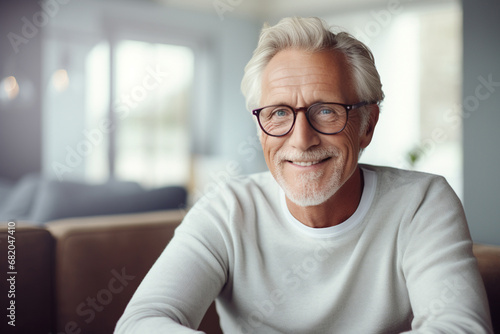 The portrait of an old man in a knitted sweater and black glasses smiling and looking at a camera on a blurry room background. Generative AI.