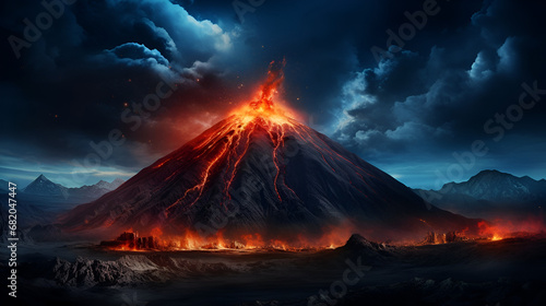 Night landscape with volcano and burning lava. Volcano eruption, fantasy landscape © Vimukthi