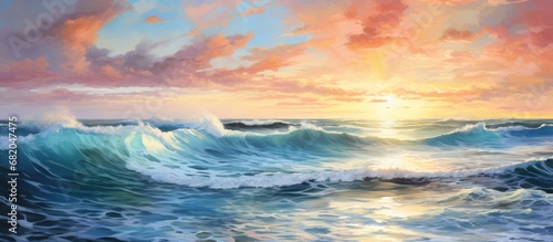 In the abstract landscape of a summer sky, the vibrant hues of blue, orange, and pink blend together, as the sun sets over the sparkling ocean waves, adding a touch of beauty to the natural panorama