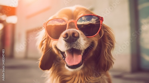 Closeup portrait of smiling dog in fashion sunglasses. Funny pet on a bright background with copy space. Puppy in eyeglasses. Fashion, style, cool animal summer concept.