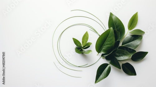  a group of green leaves laying on top of a white surface with a circular design on the top of the image and the leaves on the bottom of the image.