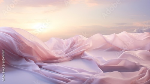  a woman in a pink dress is standing on a white surface with a sky background and clouds in the background, with the sun shining through the fabric blowing in the wind.