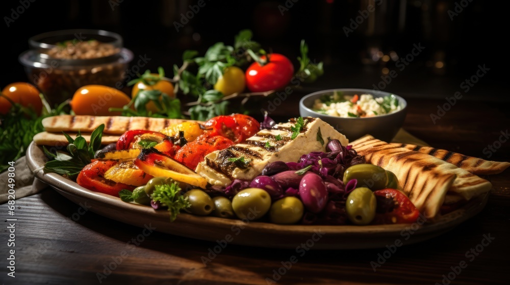  a plate of food with olives, tomatoes, bread, bread sticks, and other foods on a wooden table with other foods in bowls and utensils.
