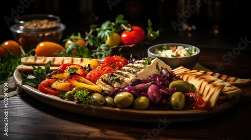  a plate of food with olives, tomatoes, bread, bread sticks, and other foods on a wooden table with other foods in bowls and utensils.