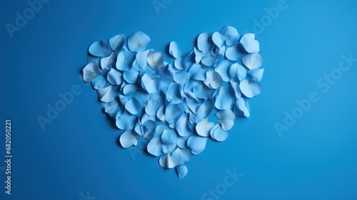  a heart shaped arrangement of blue flowers on a blue background with a place for the text on the left side of the image to the right side of the heart.