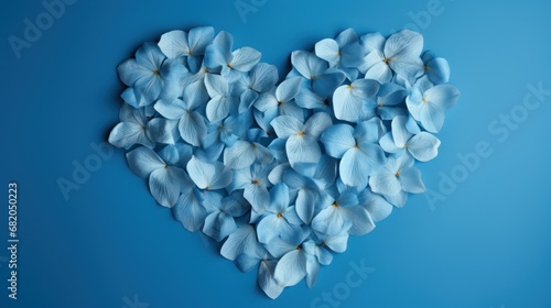  blue flowers in the shape of a heart on a blue background with a place for a text or a picture to put on a card or give as a gift.