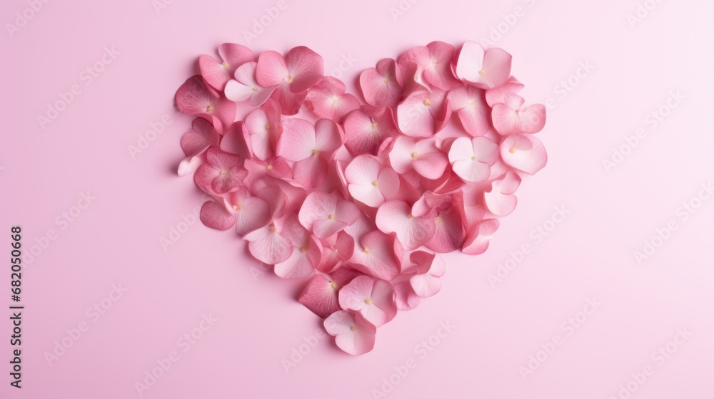  a heart shaped arrangement of pink flowers on a pink background with a place for a text or a picture to put on a card or postcard or brochure.