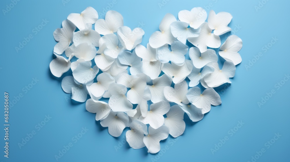 white flowers arranged in the shape of a heart on a blue background, top view, flat lay on the ground, with copy space in the center of the heart. white flowers arranged in the shape of a heart on a blue background, top view, flat lay on the ground, with copy space in the center of the heart.
