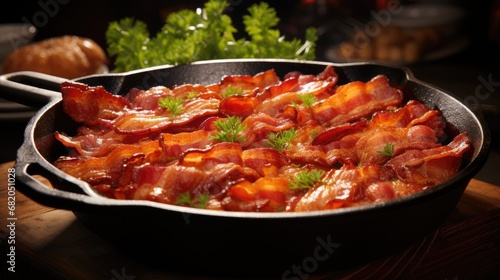 Crunchy streaky bacon fried in a cast iron skillet
