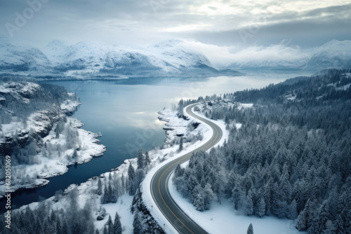 Aerial view of the road along the river at winter