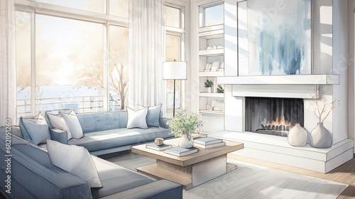 a realistic front view picture of a luxary living room and a small fireplace on a statement wall 