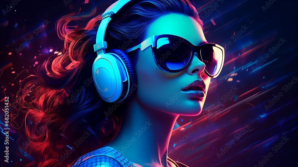 schöne Frau mit Sonnenbrille und Kopfhörer beim Musik hören in cooler sexy Pose. Gehalten in Neonfarben cyan blau und rot pink violet bei dramatischem Licht + Lichteffekt. Querformat. Generative Ai. schöne Frau mit Sonnenbrille und Kopfhörer beim Musik hören in cooler sexy Pose. Gehalten in Neonfarben cyan blau und rot pink violet bei dramatischem Licht + Lichteffekt. Querformat. Generative Ai.