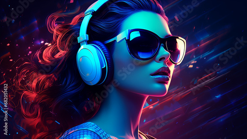 schöne Frau mit Sonnenbrille und Kopfhörer beim Musik hören in cooler sexy Pose. Gehalten in Neonfarben cyan blau und rot pink violet bei dramatischem Licht + Lichteffekt. Querformat. Generative Ai.