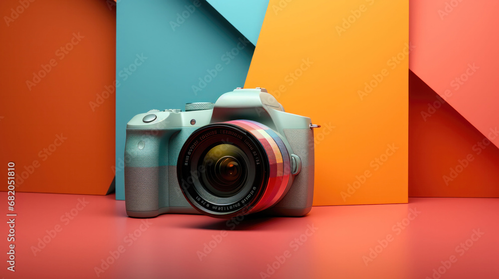 DSLR camera against a multicolored background, symbolizing the vibrant world of photography.