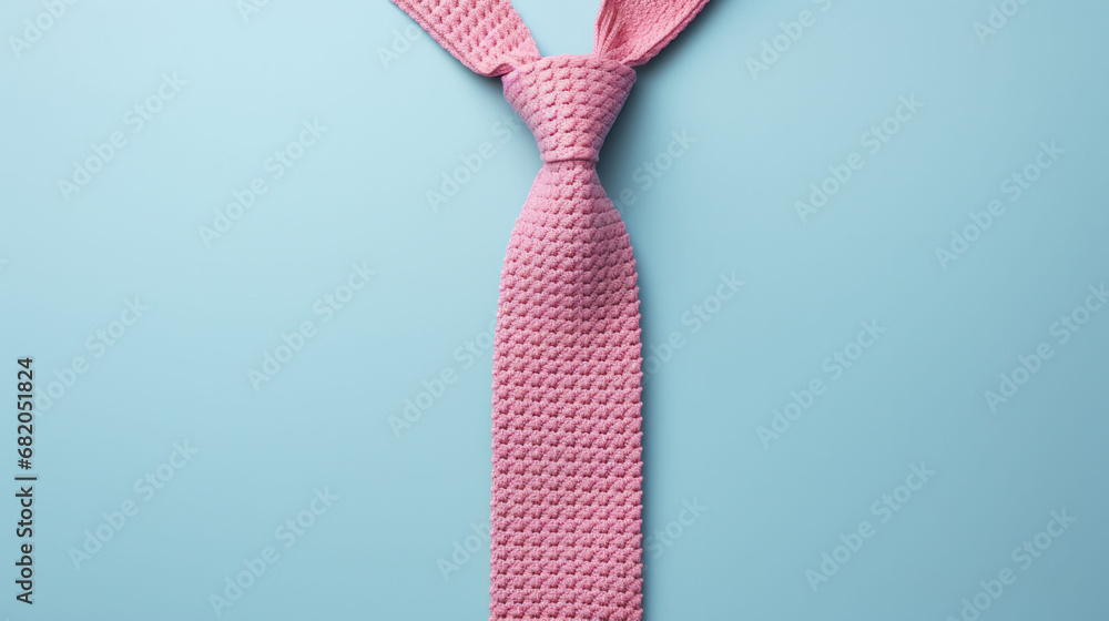 Pink knit tie on a blue backdrop, perfectly blending casual textures with formal wear. Pink knit tie on a blue backdrop, perfectly blending casual textures with formal wear.