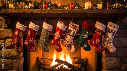  a fireplace with stockings hanging from it's mantle and a fire place in front of it with candles and christmas stockings hanging from the mantel over the fire.