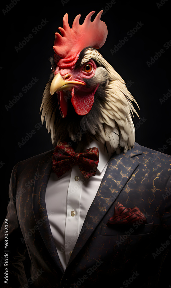 portrait of rooster dressed in an elegant patterned suit with tie, confident and classy high Fashion portrait of an anthropomorphic animal, posing with a charismatic human attitude