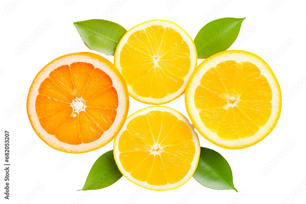 Vibrant Citrus Halves and Wholes on a transparent background
