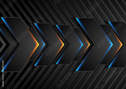 Black tech abstract arrows with blue orange glowing lights. Geometric modern vector background