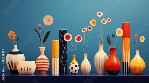  a group of vases sitting on top of a blue table next to each other on top of a wooden table next to a vase filled with flowers and a soccer ball.