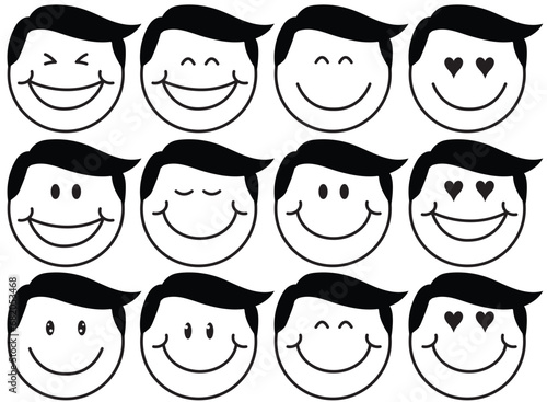 Set of black and white cute smiley cartoon faces vector line art.