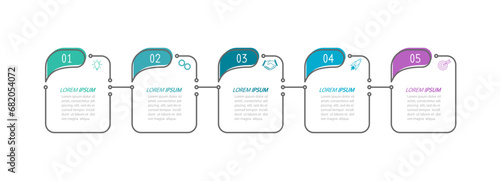 5 stages of development, improvement or training. Infographics with visual action icons for business, finance, project, plan or marketing
