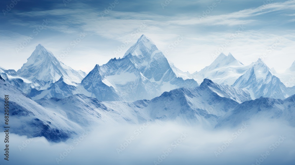  a group of mountains covered in snow under a cloudy sky with a plane in the foreground and a blue sky with a few clouds in the upper left corner.