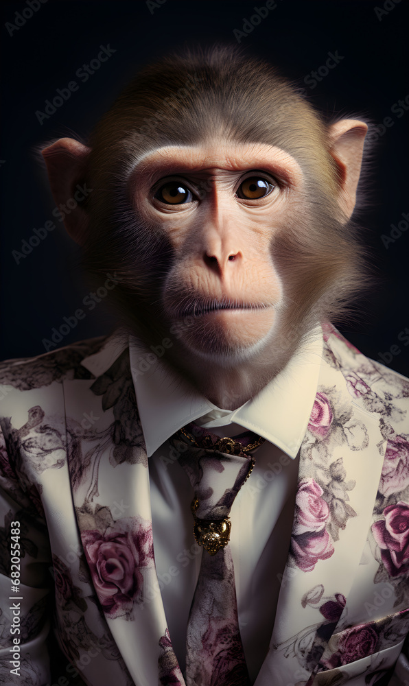 portrait of monkey dressed in an elegant patterned suit with tie, confident and classy high Fashion portrait of an anthropomorphic animal, posing with a charismatic human attitude portrait of monkey dressed in an elegant patterned suit with tie, confident and classy high Fashion portrait of an anthropomorphic animal, posing with a charismatic human attitude