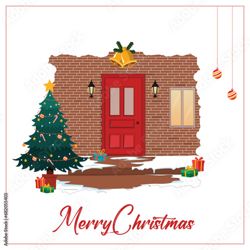 Vector illustration Merry Christmas with decorated house and xmas tree post Template