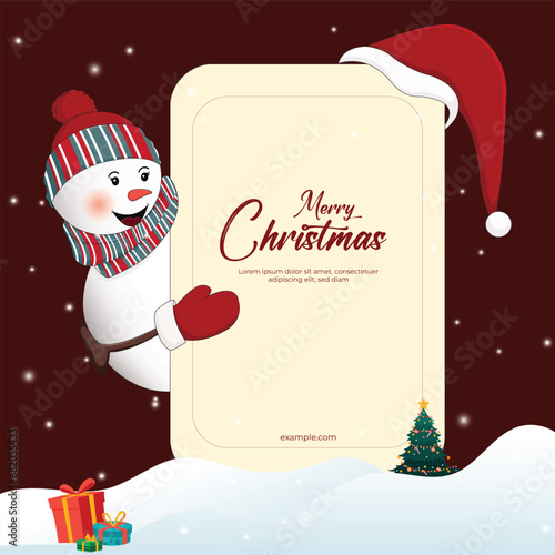 Vector illustration Merry Christmas with snowman and cap invitation card Template