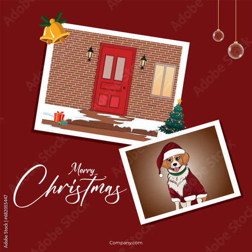 Vector illustration Merry Christmas with house and cute dog wearing Santa dress Post Template